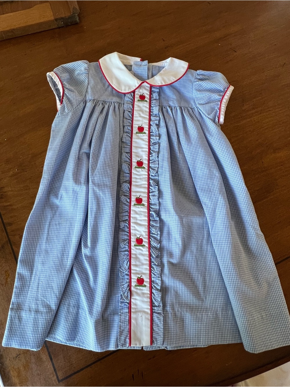 Little English Gingham Girls Dress with Apple Embroidery